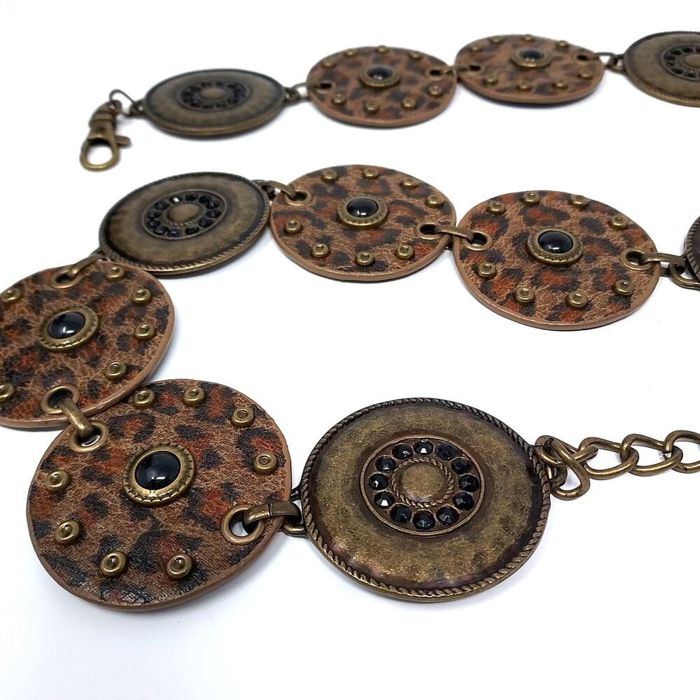 Boho Concho Style Belt Vegan Leopard Bedazzled Bronze Tone Crazy Fits 31" to 40"
